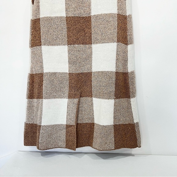 Open Front Sweater Vest Size Medium Plaid Checks Khaki/Cream Beige Cable Knit - Picture 8 of 9